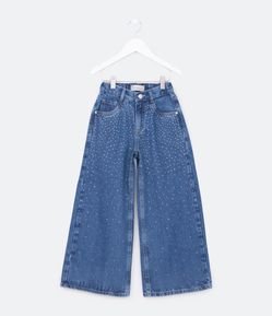 Calça Wide Leg Infantil em Jeans com Strass - Tam 5 a 14 Anos