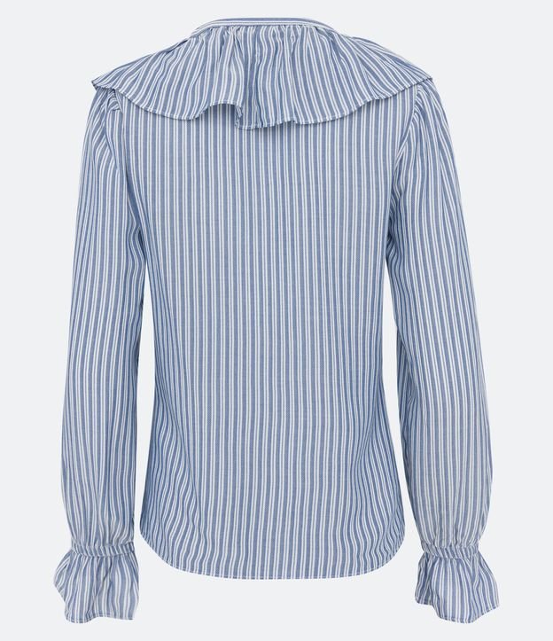 Blusa em Viscose Listrada com Babados no Decote e Punhos Azul 7