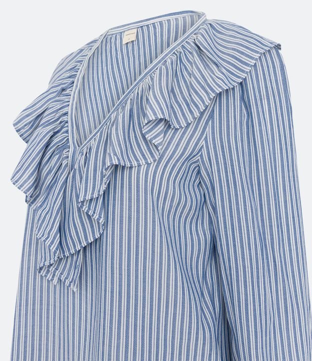Blusa em Viscose Listrada com Babados no Decote e Punhos Azul 8