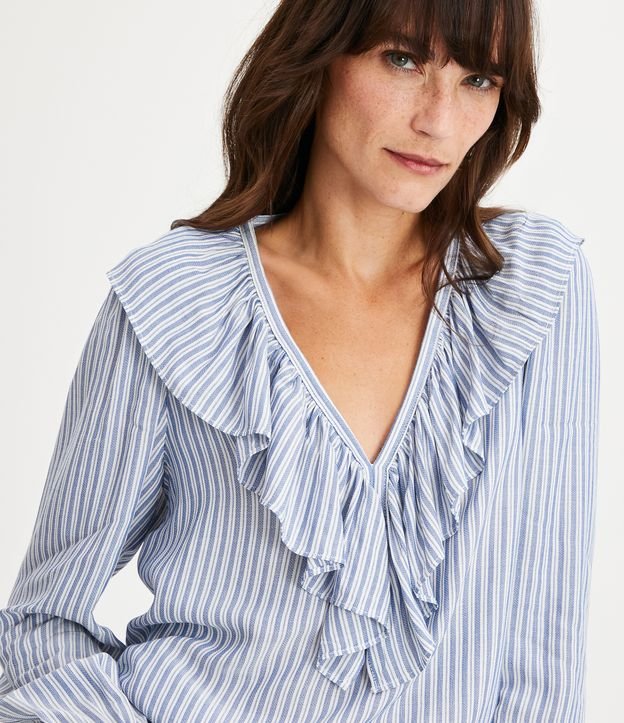Blusa em Viscose Listrada com Babados no Decote e Punhos Azul 4