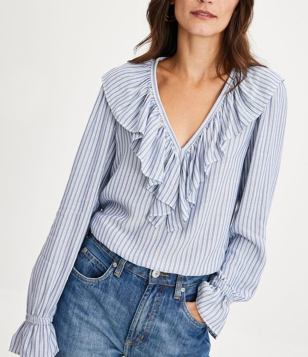 Blusa em Viscose Listrada com Babados no Decote e Punhos Azul 5
