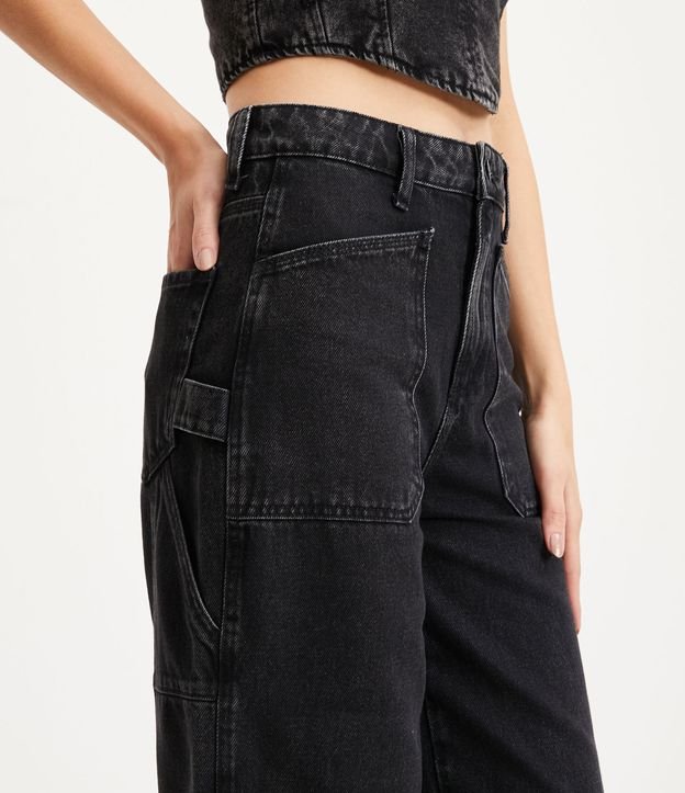Pantalón Wide Leg en Jeans con Bolsillos Carpintero Negro 4