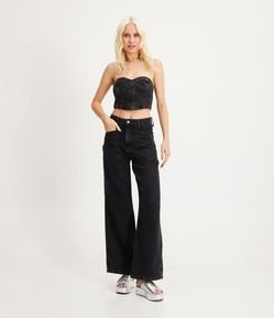 Calça Wide Leg em Jeans com Bolsos Carpinteiro