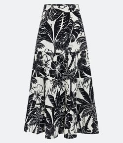 Saia New Midi em Linho com  Estampado Flora Tropical