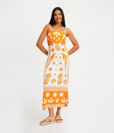 Vestido New Midi de Alça em Linho com Estampa Araras e Abacaxis Menor preço em Vestido New Midi de Alça em Linho com Estampa Araras e Abacaxis