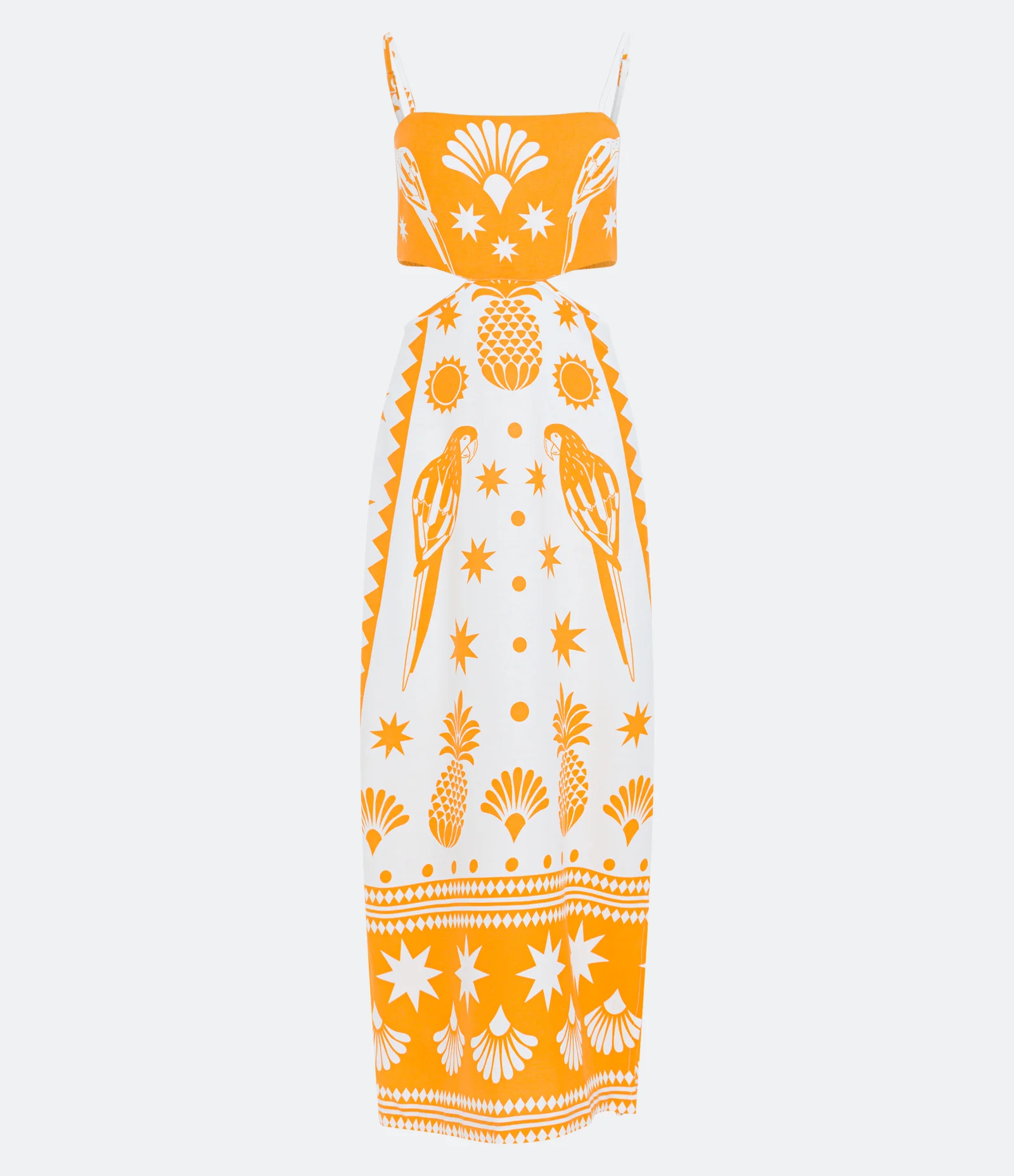 Vestido New Midi de Alça em Linho com Estampa Araras e Abacaxis Laranja 6