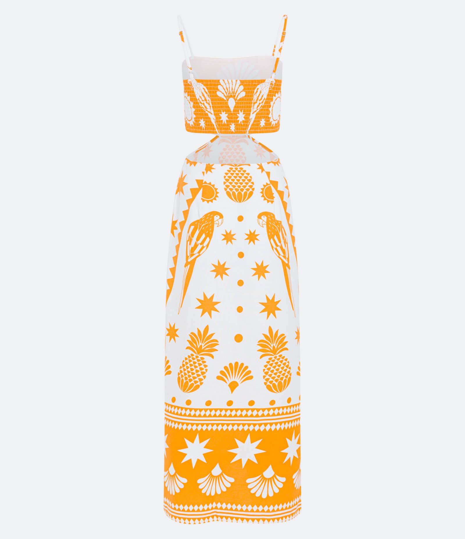 Vestido New Midi de Alça em Linho com Estampa Araras e Abacaxis Laranja 7