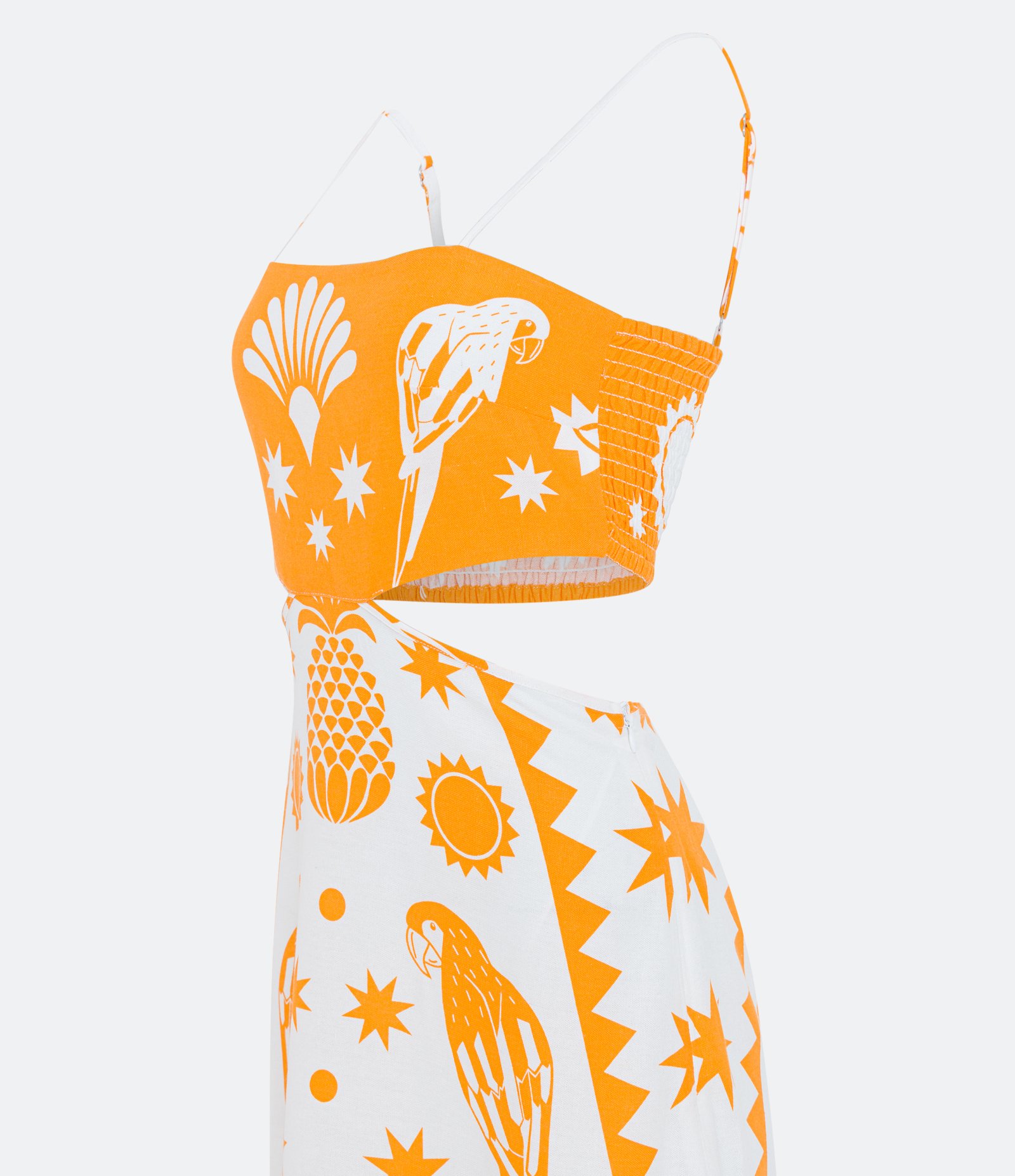 Vestido New Midi de Alça em Linho com Estampa Araras e Abacaxis Laranja 8