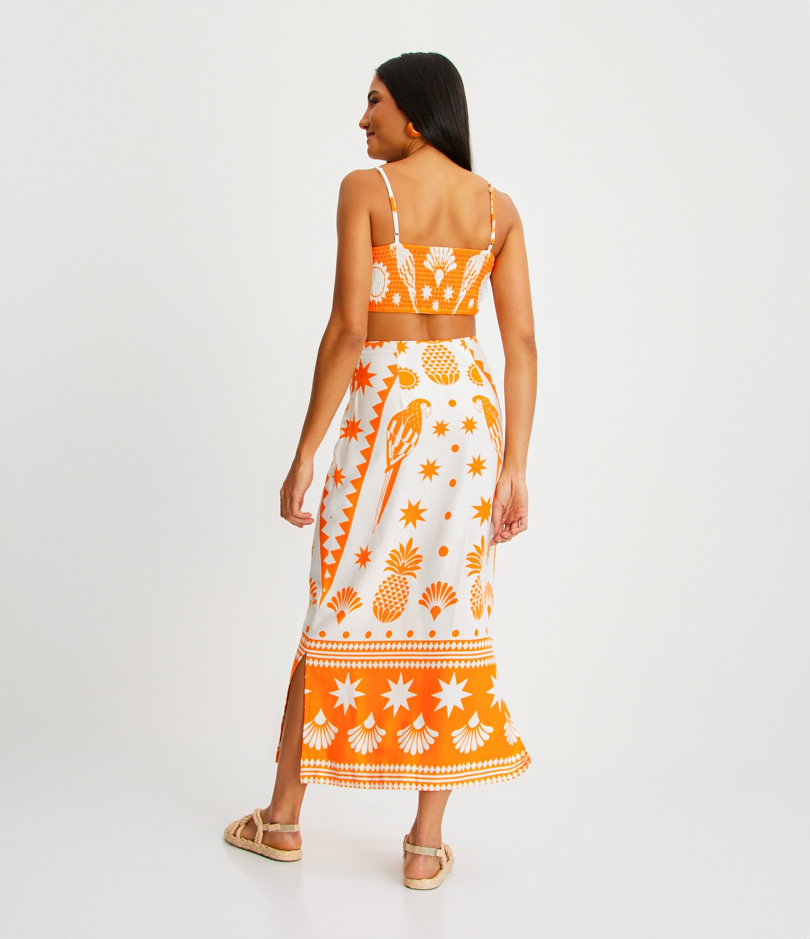 Vestido New Midi de Alça em Linho com Estampa Araras e Abacaxis Laranja 3