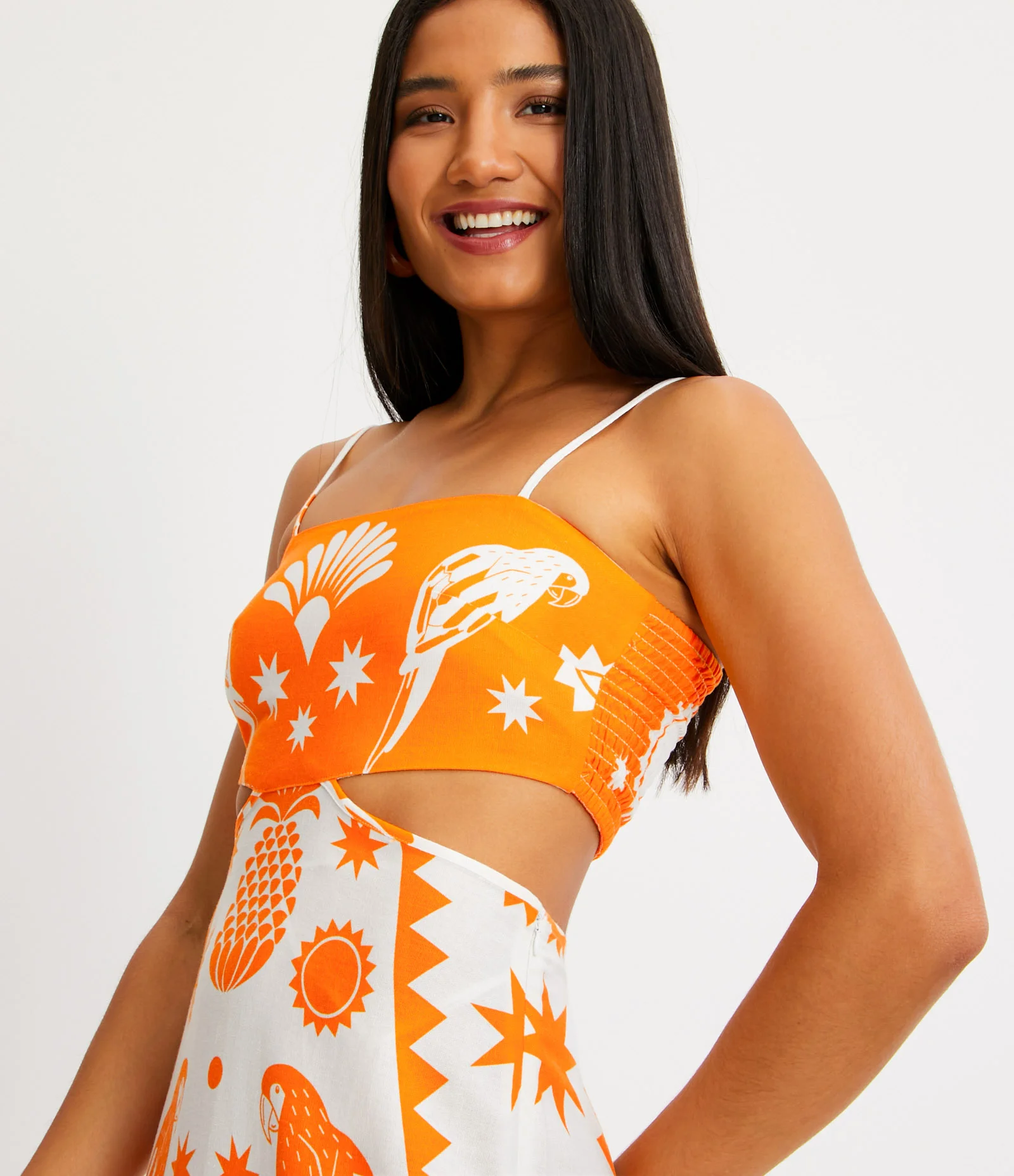 Vestido New Midi de Alça em Linho com Estampa Araras e Abacaxis Laranja 4