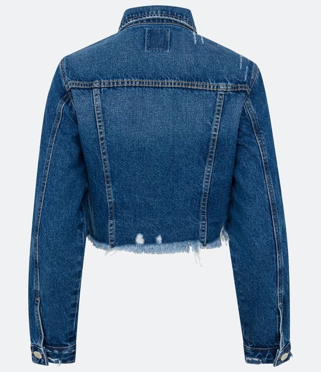 Jaqueta Cropped em Jeans Destroyed com Bolsos Fake Azul 6
