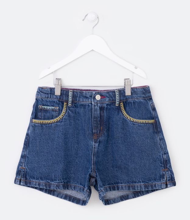 Short Cintura Alta Infantil em Jeans com Bordado no Bolso - Tam 5 a 14 Anos Azul 1