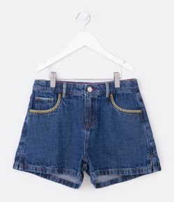 Short Cintura Alta Infantil em Jeans com Bordado no Bolso - Tam 5 a 14 Anos