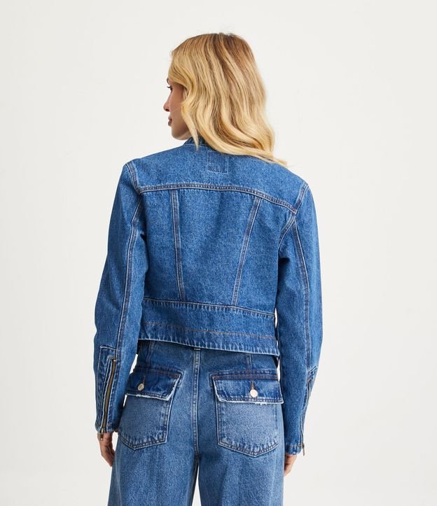 Campera Biker en Jeans con Solapa en el Cuello y Cremallera Contrastante Azul 3
