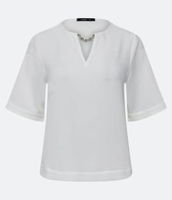 Blusa Manga Ampla em Crepe com Pedraria de Strass na Gola