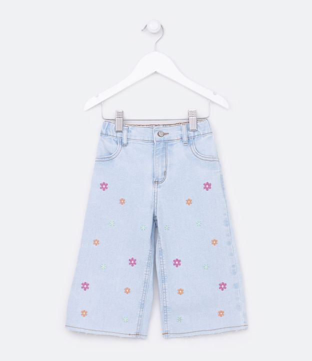 Calça Wide Leg Infantil Jeans com Bordado de Florzinhas - Tam 1 a 5 Anos Azul Claro 1