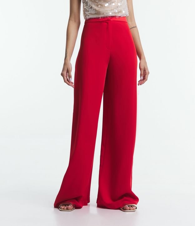 Calça Pantalona Acetinada com Cós de Cetim Vermelho 2