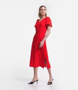 Vestido Longo Airflow Manga Godê com Cinto Elástico Afivelado