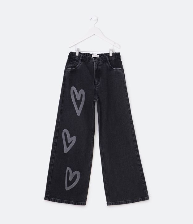 Calça Wide Leg Infantil em Jeans com Silk de Coração - Tam 5 a 14 Anos - Cor: Preto - Tamanho: 5-6
