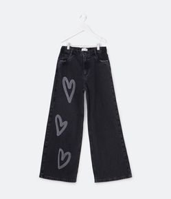 Calça Wide Leg Infantil em Jeans com Silk de Coração - Tam 5 a 14 Anos