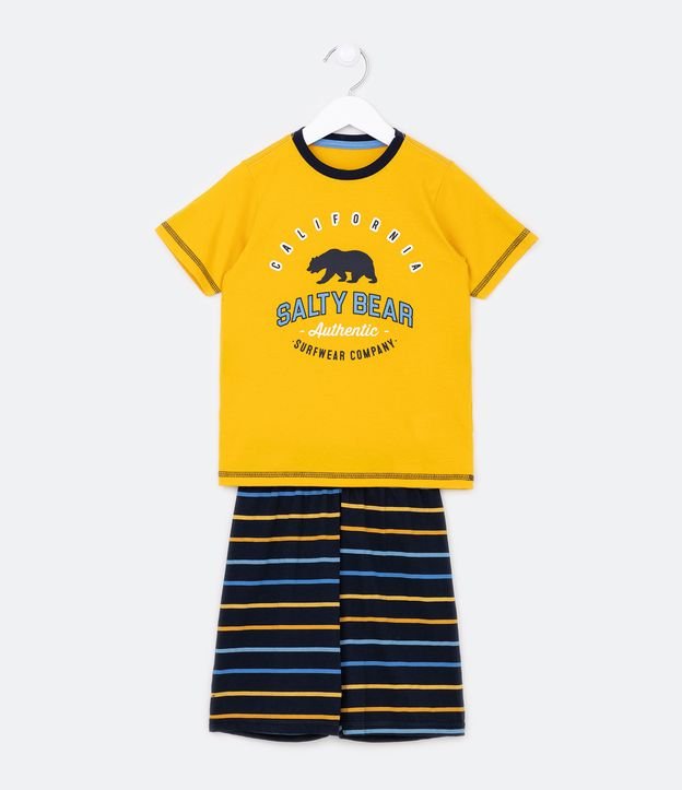 Pijama Curto Infantil com Estampa Urso Califórnia e Listras Coloridas - Tam 5 a 14 Anos - Cor: Amarelo - Tamanho: 5-6