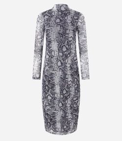 Vestido Longo em Tule com Gola Alta e Estampa Animal Print de Cobra