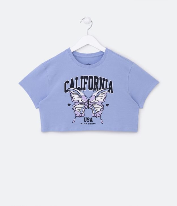Blusa Cropped Infantil com Estampa de Borboleta e Lettering - Tam 5 a 14  Anos Azul Claro