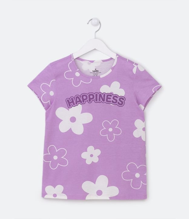Camiseta Infantil com Estampa de Flores e Lettering Happiness - Tam 5 a 14 Anos - Cor: Lilás - Tamanho: 5-6
