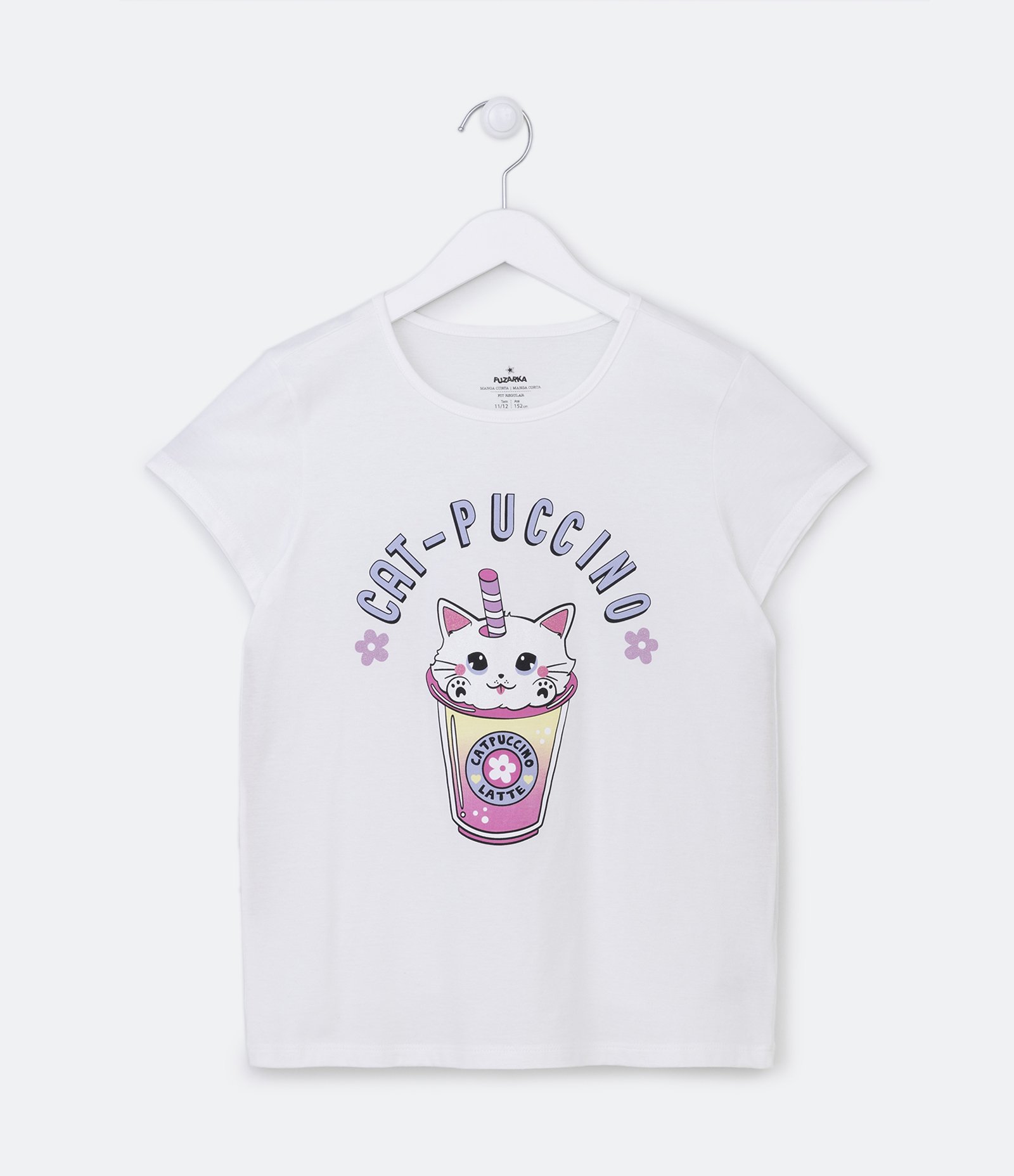 Camiseta Infantil com Estampa Catpuccino Gatinho no Copo - Tam 5 a 14 Anos Branco 1