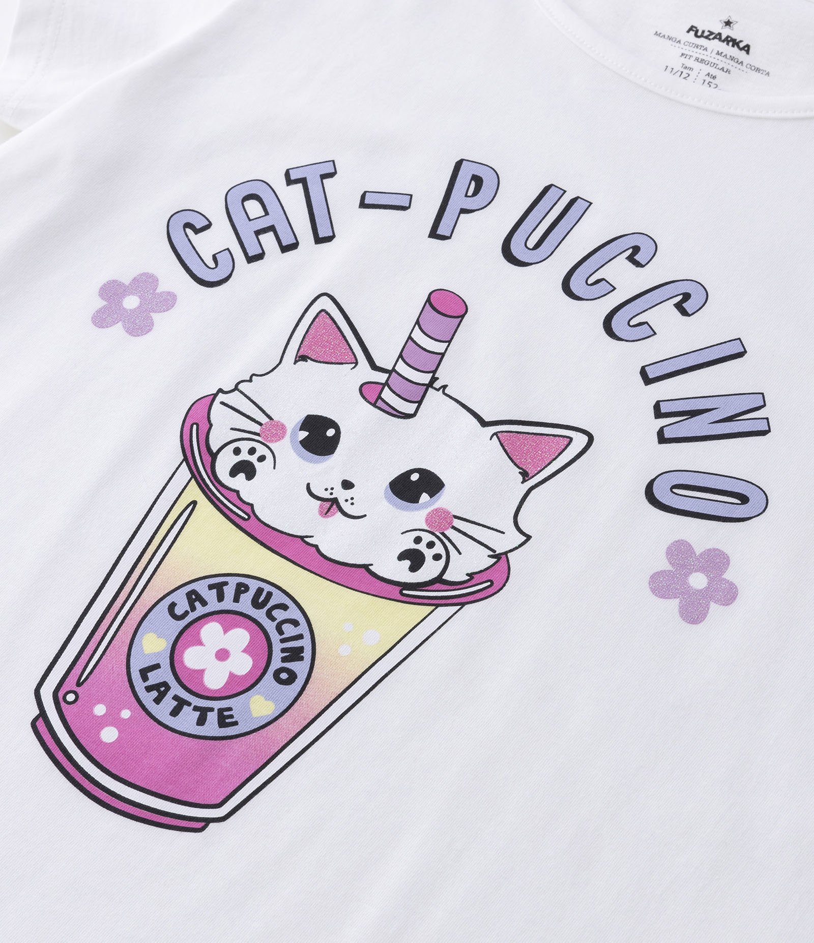 Camiseta Infantil com Estampa Catpuccino Gatinho no Copo - Tam 5 a 14 Anos Branco 3