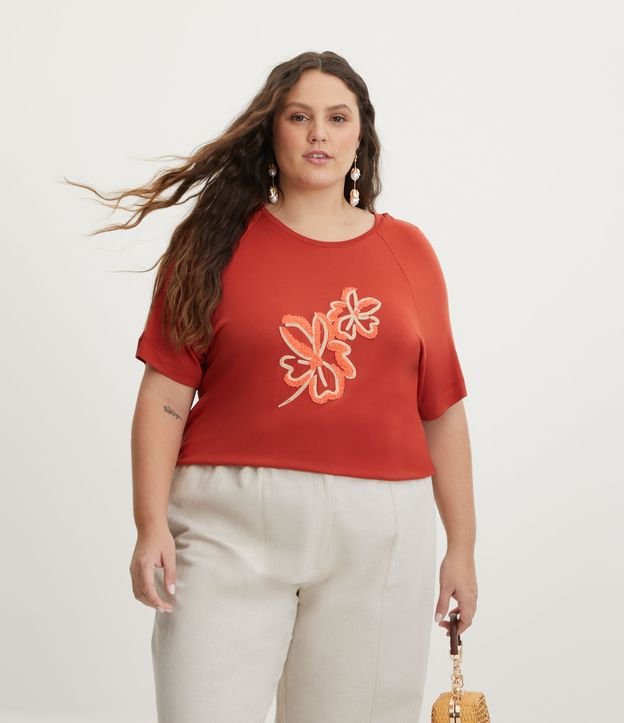 Blusa de Punto con Bordado de Flor en Chenille Curve & Plus Size Naranja 1