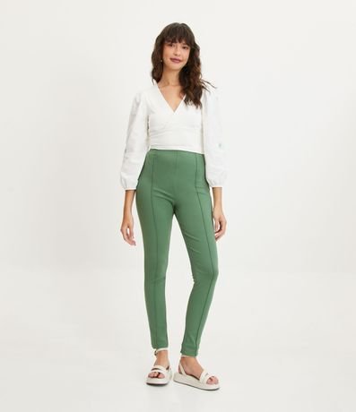 Calça Legging em Ponto Roma com Frisos Verticais Verde