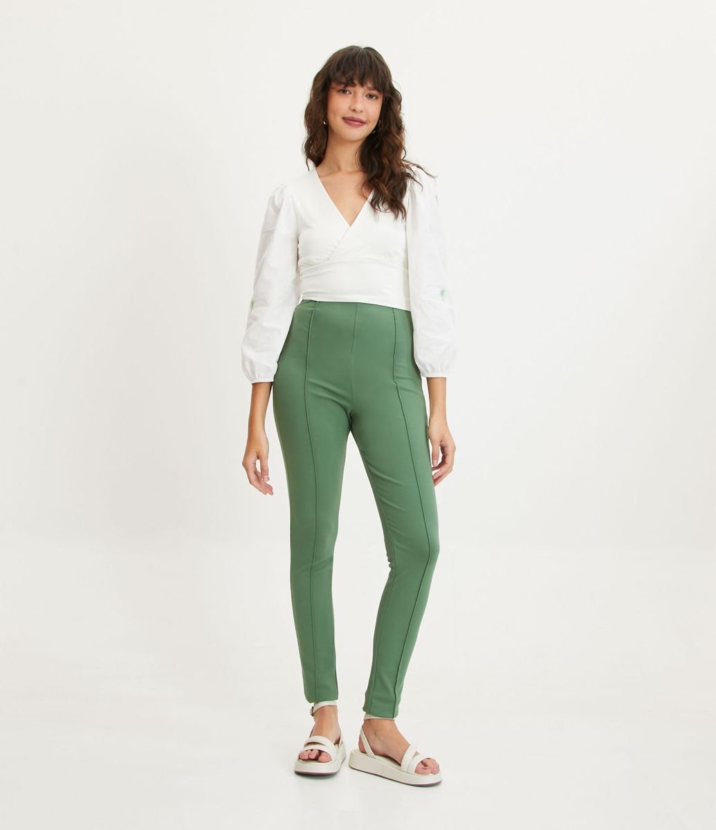 Calça Legging em Ponto Roma com Frisos Verticais Verde