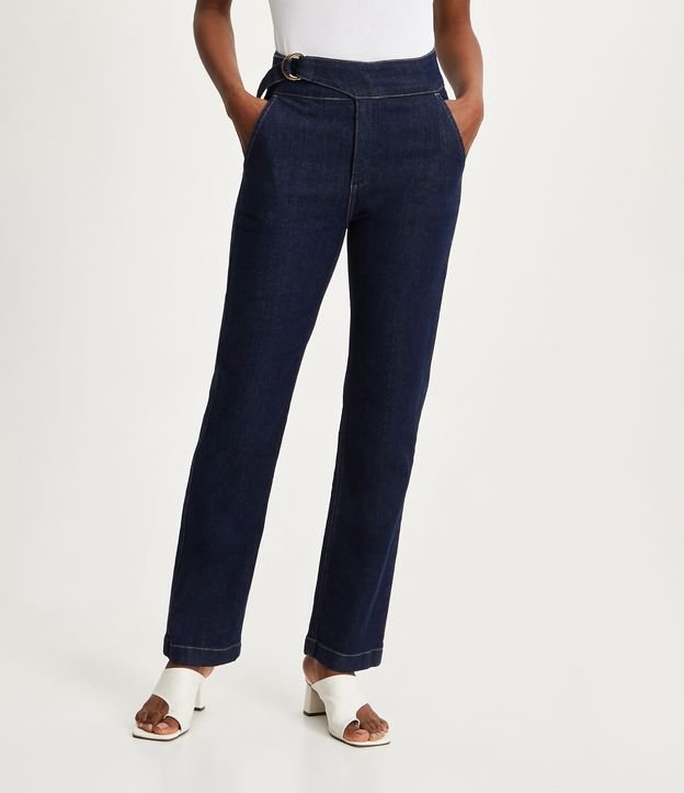 Pantalón Recto Jeans con Aro en la Cintura Azul 2