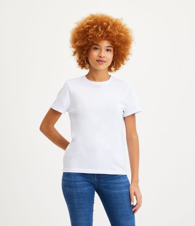 Camiseta em Meia Malha com Manga Curta Dobrada Branco 1