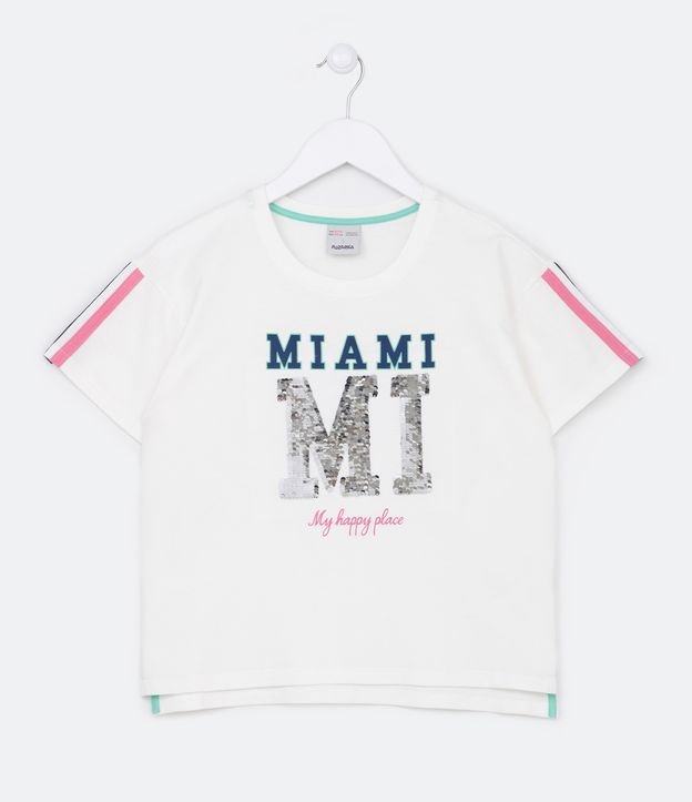 Blusa Infantil em Moletinho com Listras e Lettering Miami com Paetê - Tam 5 a 14 Anos - Cor: Branco - Tamanho: 9-10