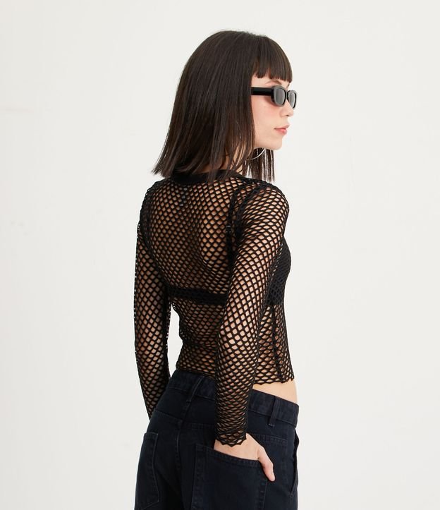 Blusa Cropped en Textura de Tela y Manga Larga Negro 3