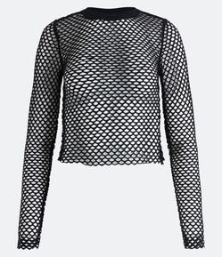 Blusa Cropped em Textura de Tela e Manga Longa