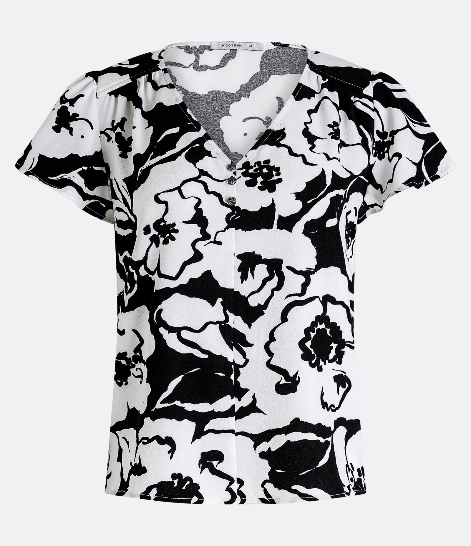 Blusa Manga Curta em Crepe com Prega na Cava e Flores Estampadas Off White/Preto 1