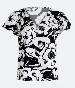 Blusa Manga Curta em Crepe com Prega na Cava e Flores Estampadas