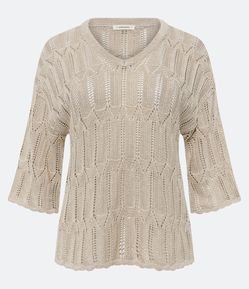 Blusa Manga Curta em Tricô com Mix de Pontos e Fio Metalizado