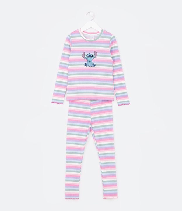 Pijama Longo Infantil com Estampa Stitch e Mangas Coloridas - Tam 4 a 14  Anos Branco Neve