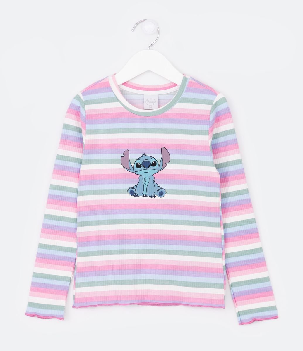 Pijama Longo Infantil com Estampa Stitch e Mangas Coloridas - Tam 4 a 14  Anos Branco Neve