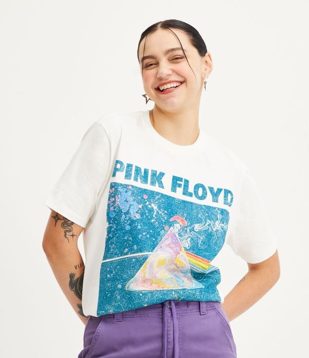 Camiseta em Meia Malha com Manga Curta e Estampa Pink Floyd Off White 1