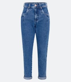Calça Mom em Jeans com Bolsos com Recortes e Barra Dobrada