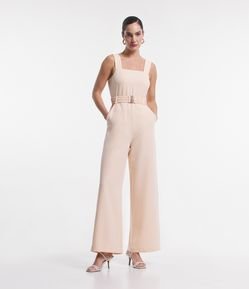 Macacão Wide Leg Sem Manga em Crepe com Cinto de Elástico Afivelado