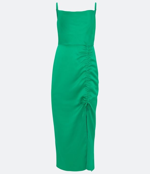 Vestido New Midi de Alça em Cetim com Fenda Franzida Verde 6