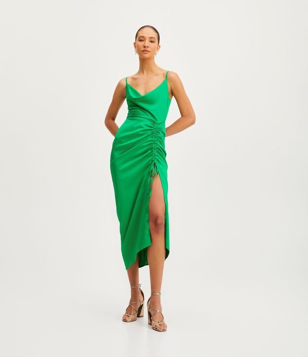 Vestido New Midi de Alça em Cetim com Fenda Franzida Verde 1