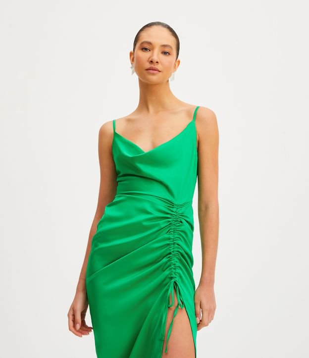 Vestido New Midi de Alça em Cetim com Fenda Franzida Verde 2