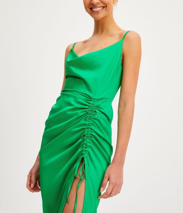 Vestido New Midi de Alça em Cetim com Fenda Franzida Verde 5